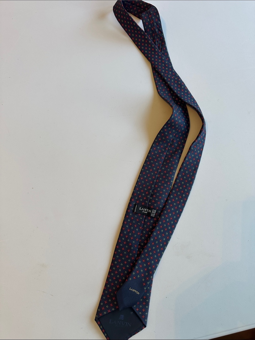 Lanvin Navy Silk Tie with Small Red Floral Motif